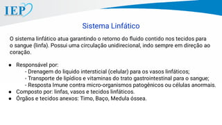 Sistema Linfático
● Responsável por:
- Drenagem do liquido intersticial (celular) para os vasos linfáticos;
- Transporte de lipídios e vitaminas do trato gastrointestinal para o sangue;
- Resposta Imune contra micro-organismos patogênicos ou células anormais.
● Composto por: linfas, vasos e tecidos linfáticos.
● Órgãos e tecidos anexos: Timo, Baço, Medula óssea.
O sistema linfático atua garantindo o retorno do ﬂuido contido nos tecidos para
o sangue (linfa). Possui uma circulação unidirecional, indo sempre em direção ao
coração.
 