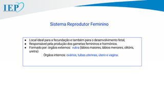 Sistema Reprodutor Feminino
● Local ideal para a fecundação e também para o desenvolvimento fetal,
● Responsável pela produção dos gametas femininos e hormônios.
● Formado por: órgãos externos: vulva (lábios maiores, lábios menores, clitóris,
uretra)
Órgãos internos: ovários, tubas uterinas, útero e vagina.
 