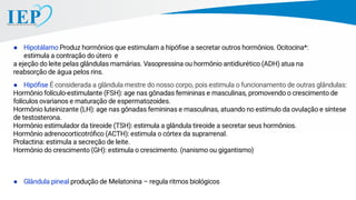 ● Hipóﬁse É considerada a glândula mestre do nosso corpo, pois estimula o funcionamento de outras glândulas:
Hormônio folículo-estimulante (FSH): age nas gônadas femininas e masculinas, promovendo o crescimento de
folículos ovarianos e maturação de espermatozoides.
Hormônio luteinizante (LH): age nas gônadas femininas e masculinas, atuando no estímulo da ovulação e síntese
de testosterona.
Hormônio estimulador da tireoide (TSH): estimula a glândula tireoide a secretar seus hormônios.
Hormônio adrenocorticotróﬁco (ACTH): estimula o córtex da suprarrenal.
Prolactina: estimula a secreção de leite.
Hormônio do crescimento (GH): estimula o crescimento. (nanismo ou gigantismo)
● Glândula pineal produção de Melatonina – regula ritmos biológicos
● Hipotálamo Produz hormônios que estimulam a hipóﬁse a secretar outros hormônios. Ocitocina*:
estimula a contração do útero e
a ejeção do leite pelas glândulas mamárias. Vasopressina ou hormônio antidiurético (ADH) atua na
reabsorção de água pelos rins.
 