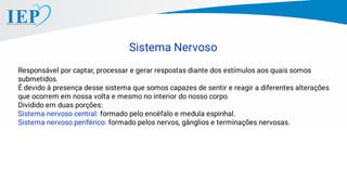 Responsável por captar, processar e gerar respostas diante dos estímulos aos quais somos
submetidos.
É devido à presença desse sistema que somos capazes de sentir e reagir a diferentes alterações
que ocorrem em nossa volta e mesmo no interior do nosso corpo.
Dividido em duas porções:
Sistema nervoso central: formado pelo encéfalo e medula espinhal.
Sistema nervoso periférico: formado pelos nervos, gânglios e terminações nervosas.
Sistema Nervoso
 