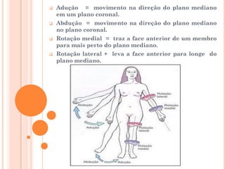  Adução = movimento na direção do plano mediano
em um plano coronal.
 Abdução = movimento na direção do plano mediano
no plano coronal.
 Rotação medial = traz a face anterior de um membro
para mais perto do plano mediano.
 Rotação lateral + leva a face anterior para longe do
plano mediano.
 