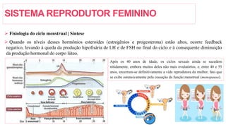SISTEMA REPRODUTOR FEMININO
 Fisiologia do ciclo menstrual | Síntese
 Quando os níveis desses hormônios esteroides (estrogênios e progesterona) estão altos, ocorre feedback
negativo, levando à queda da produção hipofisária de LH e de FSH no final do ciclo e à consequente diminuição
da produção hormonal do corpo lúteo.
Após os 40 anos de idade, os ciclos sexuais ainda se sucedem
nitidamente, embora muitos deles não mais ovulatórios, e, entre 48 e 55
anos, encerram-se definitivamente a vida reprodutora da mulher, fato que
se exibe ostensivamente pela cessação da função menstrual (menopausa).
 