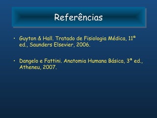 Referências
                Referências

• Guyton & Hall. Tratado de Fisiologia Médica, 11ª
  ed., Saunders Elsevier, 2006.


• Dangelo e Fattini. Anatomia Humana Básica, 3ª ed.,
  Atheneu, 2007.
 