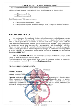 FLORENCE – ESCOLA TÉCNICA DOS PALMARES
     d) Art. Mesentérica inferior (para o resto do intestino grosso)
Na parte inferior do abdome, a artéria Aorta (tronco abdominal) se divide em dois ramos:

           • Art. Ilíaca comum direita
           • Art. Ilíaca comum esquerda
Cada ilíaca comum se bifurca em dois ramos:

           • Art. Ilíaca comum direita interna e externa.
           • Art. Ilíaca comum esquerda interna e externa que levam o sangue aos membros inferiores.




A MECÂNICA DO CORAÇÃO

       Os medicamentos do coração são divididos a impulsos rítmicos, produzidos pelas paredes
dos mesmos, Quando os músculos cardíacos se descontraem, ou seja, quando relaxam, o sangue
entra no coração preenchendo as aurículas, na aurícula direita entra o sangue venoso vindo do
corpo, na aurícula esquerda entra o sangue arterial proveniente dos pulmões, a seguir, as aurículas
se contraem e o sangue passa aos ventrículos, Nesse momento a válvula tricúspide e mitral se
fecham e ocorre a contração dos ventrículos. Assim impulsionado por essa contração o sangue do
ventrículo direito, passa para os pulmões enquanto que o sangue do ventrículo esquerdo segue para
os tecidos do corpo. A contração do coração recebe o nome de SISTOLE, seu relaxamento
denomina-se DIÁSTOLE.

       SISTOLE e DIÁSTOLE são os dois movimentos do coração. Na diástole, o coração recebe
sangue, na sístole, o sangue é expulso do coração.
Ao conjunto de uma sístole e uma diástole dá-se o nome de batimento cardíaco, ao numero de
batimento cardíaco por minuto dá-se o nome de freqüência cardíaca.


GRANDE E PEQUENA CIRCULAÇÃO


Pequena Circulação:
Função: Arterializar o sangue, ou seja, torná-lo rico em oxigênio.
Caminho: inicia-se no ventrículo direito , de onde sai o sangue venoso pelo Art.Pulmonar, este se
bifurca mandando um ramo para cada pulmão, onde se da a capilarização, dos vasos, ( os vasos se
afinam ). Os capilares, em contato intimo com as paredes dos alvéolos ( onde se da troca do gás
carbônico por oxigênio ), se reúnem aos poucos, formam vasos cada vez maiores, terminando por
quatro veias pulmonares, que vão desembocar na aurícula esquerda.




30/07/08                              ANATOMIA E FISIOLOGIA HUMANA                                14
 
