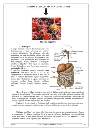 FLORENCE – ESCOLA TÉCNICA DOS PALMARES




                                         Sistema Digestivo

            1. Definição
O corpo humano necessita de energia para o seu
funcionamento e para tal capta do exterior
produtos alimentares. Os alimentos não são
absorvidos nas suas condições iniciais, por isso
são submetidos a um processo de preparação que
possibilita a sua assimilação. Este conjunto de
transformações físicas, químicas e biológicas
constitui a digestão e tem lugar nos diferentes
órgãos destinados a esse fim e que compõem o
sistema digestório.
O aparelho digestório, também chamado tubo
digestório, tem cerca de 10 – 12 m de
comprimento e estende-se desde a boca até o
ânus. É formado por vários órgãos e glândulas
anexas que estudaremos a seguir. Apresenta as
seguintes regiões; boca, faringe, esôfago,
estômago, intestino delgado, intestino grosso e
ânus.


        Boca – É uma cavidade situada na parte inferior da face, onde se efetuam a mastigação e a
  salivação dos alimentos. Tem uma forma oval é a abertura pela qual o alimento entra no tubo
  digestivo. Aí encontram-se os dentes e a língua, que preparam o alimento para a digestão, por
  meio da mastigação. Os dentes reduzem os alimentos em pequenos pedaços, misturando-os à
  saliva, o que irá facilitar a futura ação das enzimas.
        Faringe- A faringe, situada no final da cavidade bucal, é um canal comum aos sistemas digestório
  e respiratório: por ela passam o alimento, que se dirige ao esôfago, e o ar, que se dirige à laringe.



        Esôfago- o esôfago é um longo tubo fibro-musculo-mucoso que se estende entre a faringe
  e o estômago. O esôfago, canal que liga a faringe ao estômago, localiza-se entre os pulmões,
  atrás do coração, e atravessa o músculo diafragma, que separa o tórax do abdômen. O bolo
  alimentar leva de 5 a 10 segundos para percorrê-lo.


30/07/08                              ANATOMIA E FISIOLOGIA HUMANA                                         20
 