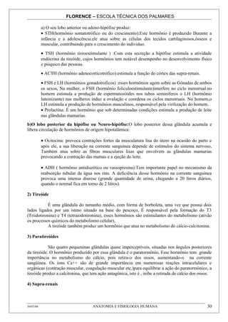 FLORENCE – ESCOLA TÉCNICA DOS PALMARES

           a) O seu lobo anterior ou adeno-hipófise produz:
           • STH(hormônio somatotrófico ou do crescimento):Este hormônio é produzido Durante a
           infância e a adolescência.ele atua sobre as células dos tecidos cartilaginosos,ósseos e
           muscular, contribuindo para o crescimento do individuo.

           • TSH (hormônio tireoestimulante ) :Com esta secreção a hipófise estimula a atividade
           endócrina da tireóide, cujos hormônios tem notável desempenho no desenvolvimento físico
           e psíquico das pessoas.
           • ACTH (hormônio adenocorticotrófico):estimula a função do córtex das supra-renais.

           • FSH e LH (hormônios gonadotroficos) :esses hormônios agem sobre as Gônadas de ambos
           os sexos, Na mulher, o FSH (hormônio foliculoestimulante)interfere no ciclo menstrual.no
           homem estimula a produção de espermatozóides nos tubos seminíferos o LH (hormônio
           luteinizante) nas mulheres induz a ovulação e coordena os ciclos menstruais. No homem,o
           LH estimula a produção de hormônios masculinos, responsável pela virilização do homem.
           • Prolactina: É um hormônio que sob determinadas condições estimula a produção de leite
           nas glândulas mamarias.
b)O lobo posterior da hipófise ou Neuro-hipófise:O lobo posterior dessa glândula acumula e
libera circulação de hormônios de origem hipotalâmica:

           • Ocitocina: provoca contrações fortes da musculatura lisa do útero na ocasião do parto e
           após ele, a sua liberação na corrente sanguínea depende de estímulos do sistema nervoso,
           Também atua sobre as fibras musculares lisas que envolvem as glândulas mamarias
           provocando a contração das mamas e a ejeção do leite.

           • ADH ( hormônio antidiurético ou vassopresina):Tem importante papel no mecanismo da
           reabsorção tubular da água nos rins. A deficiência desse hormônio na corrente sanguínea
           provoca uma intensa diurese (grande quantidade de urina, chegando a 20 litros diários,
           quando o normal fica em torno de 2 litros).

2) Tireóide

            É uma glândula do tamanho médio, com forma de borboleta, uma vez que possui dois
lados ligados por um istmo situado na base do pescoço, É responsável pela formação do T3
(Triidotironina) e T4 (tetraiodotironina), esses hormônios são estimulantes do metabolismo (ativão
os processos químicos do metabolismo celular),
            A tireóide também produz um hormônio que atua no metabolismo do cálcio-calcitonina.

3) Paratireóides

            São quatro pequeninas glândulas quase imperceptíveis, situadas nos ângulos posteriores
da tireóide. O hormônio produzido por essa glândula é o paratormônio, Esse hormônio tem grande
importância no metabolismo do cálcio, pois retira-o dos ossos, aumentando-o na corrente
sangüínea. Os íons Ca++ são de grande importância em numerosas reações intracelulares e
orgânicas (contração muscular, coagulação muscular etc,)para equilibrar a ação do paratormônico, a
tireóide produz a calcitonina, que tem ação antagônica, isto é , inibe a retirada de cálcio dos ossos.

4) Supra-renais



30/07/08                             ANATOMIA E FISIOLOGIA HUMANA                                  30
 