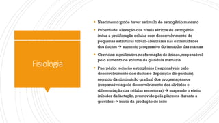 Fisiologia
§ Nascimento: pode haver estímulo de estrogênio materno
§ Puberdade: elevação dos níveis séricos de estrogénio
induz a proliferação celular com desenvolvimento de
pequenas estruturas túbulo-alveolares nas extremidades
dos ductos à aumento progressivo do tamanho das mamas
§ Gravidez: significativa neoformação de ácinos, responsável
pelo aumento de volume da glândula mamária
§ Puerpério: redução estrogênios (responsáveis pelo
desenvolvimento dos ductos e deposição de gordura),
seguido da diminuição gradual dos progestagéneos
(responsáveis pelo desenvolvimento dos alvéolos e
diferenciação das células secretoras) à suspende o efeito
inibidor da lactação, promovido pela placenta durante a
gravidez -> início da produção de leite
 