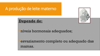 A produção de leite materno
Depende de:
§níveis hormonais adequados;
§esvaziamento completo ou adequado das
mamas.
 
