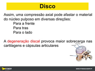 Assim, uma compressão axial pode afastar o material
do núcleo pulposo em diversas direções:
Para a frente
Para tras
Para o lado
A degeneração discal provoca maior sobrecarga nas
cartilagens e cápsulas articulares
Disco
 