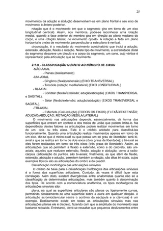 25
movimentos da adução e abdução desenvolvem-se em plano frontal e seu eixo de
movimento é ântero-posterior.
rotação que é o movimento em que o segmento gira em torno de um eixo
longitudinal (vertical). Assim, nos membros, pode-se reconhecer uma rotação
medial, quando a face anterior do membro gira em direção ao plano mediano do
corpo, e uma rotação lateral, no movimento oposto. A rotação é feita em plano
horizontal e o eixo de movimento, perpendicular a este plano é vertical.
circundução, é o resultado do movimento combinatório que inclui a adução,
extensão, abdução, flexão e rotação. Neste tipo de movimento, a extremidade distal
do segmento descreve um círculo e o corpo do segmento, um cone, cujo vértice é
representado pela articulação que se movimenta.
2.1.D - CLASSIFICAÇÃO QUANTO AO NÚMERO DE EIXOS
-NÃO AXIAL
- Planas (deslizamento)
-UNI-AXIAL
- Gínglimo (flexão/extensão) (EIXO TRANSVERSAL)
- Trocóide (rotação medila/lateral) (EIXO LONGITUDINAL)
- BI-AXIAL
- Condilar (flexão/extensão; adução/abdução) (EIXOS TRANSVERSAL
e SAGITAL).
- Selar (flexão/extensão; adução/abdução) (EIXOS TRANSVERSAL e
SAGITAL).
-TRI-AXIAL
- Esferóide (Circundução) (TODOS OS EIXOS) (FLEXÃO/EXTENSÃO;
ADUÇÃO/ABDUÇÃO; ROTAÇÃO MEDILA/LATERAL)
O movimento nas articulações depende, essencialmente, da forma das
superfícies que entram em contato e dos meios de união que podem limitá-lo. Na
dependência destes fatores as articulações podem realizar movimentos em torno
de um, dois ou três eixos. Este é o critério adotado para classificá-las
funcionalmente. Quando uma articulação realiza movimentos apenas em torno de
um eixo, diz-se que é mono-axial ou que possui um só grau de liberdade; será bi-
axial a que os realiza em torno de dois eixos (dois graus de liberdade); e tri-axial se
eles forem realizados em torno de três eixos (três graus de liberdade). Assim, as
articulações que só permitem a flexão e extensão, como a do cotovelo, são uni-
axiais; aquelas que realizam extensão, flexão, adução e abdução, como a radio-
cárpica (articulação do punho), são bi-axiais; finalmente, as que além de flexão,
extensão, abdução e adução, permitem também a rotação, são ditas tri-axiais, cujos
exemplos típicos são as articulações do ombro e do quadril.
Classificação morfológica das articulações sinoviais
O critério de base para a classificação morfológica das articulações sinoviais
é a forma das superfícies articulares. Contudo, às vezes é difícil fazer esta
correlação. Além disto, existem divergências entre anatomistas quanto não só a
classificação de determinadas articulações, mas também quanto à denominação
dos tipos. De acordo com a nomenclatura anatômica, os tipos morfológicos de
articulações sinoviais são:
plana, na qual as superfícies articulares são planas ou ligeiramente curvas,
permitindo deslizamento de uma superfície sobre a outra em qualquer direção. A
articulação acromioclavicular (entre o acrômio da escápula e a clavícula) é um
exemplo. Deslizamento existe em todas as articulações sinoviais mas nas
articulações planas ele é discreto, fazendo com que a amplitude do movimento seja
bastante reduzida. Entretanto, deve-se ressaltar que pequenos deslizamentos entre
 