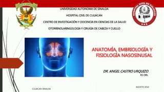 ANATOMÍA, EMBRIOLOGÍA Y
FISIOLOGÍA NASOSINUSAL
UNIVERSIDAD AUTONOMA DE SINALOA
HOSPITAL CIVIL DE CULIACAN
CENTRO DE INVESTIGACIÓN Y DOCENCIA EN CIENCIAS DE LA SALUD
OTORRINOLARINGOLOGIA Y CIRUGIA DE CABEZA Y CUELLO
DR. ANGEL CASTRO URQUIZO
R1 ORL
CULIACAN SINALOA
AGOSTO 2016
 