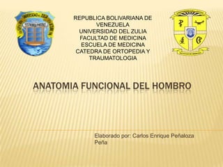 REPUBLICA BOLIVARIANA DE
VENEZUELA
UNIVERSIDAD DEL ZULIA
FACULTAD DE MEDICINA
ESCUELA DE MEDICINA
CATEDRA DE ORTOPEDIA Y
TRAUMATOLOGIA

ANATOMIA FUNCIONAL DEL HOMBRO

Elaborado por: Carlos Enrique Peñaloza
Peña

 