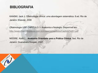 BIBLIOGRAFIA
KANSKI, Jack J. Oftalmologia clínica: uma abordagem sistemática. 6.ed. Rio de
Janeiro: Elsevier, 2008
Oftalmologia USP. CAPITULO 1- Anatomia e fisiologia. Disponível em:
http://www.oftalmologiausp.com.br/imagens/capitulos/Capitulo%201.pdf
MOORE, Keith L.. Anatomia Orientada para a Prática Clínica. 5ed. Rio de
Janeiro: Guanabara Koogan, 2007.
 