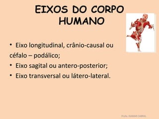 EIXOS DO CORPO
             HUMANO

• Eixo longitudinal, crânio-causal ou
céfalo – podálico;
• Eixo sagital ou antero-posterior;
• Eixo transversal ou látero-lateral.




                                        Profa. ISAMAR CABRAL
 