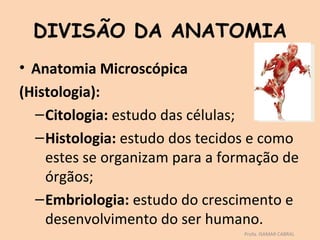DIVISÃO DA ANATOMIA
• Anatomia Microscópica
(Histologia):
  – Citologia: estudo das células;
  – Histologia: estudo dos tecidos e como
    estes se organizam para a formação de
    órgãos;
  – Embriologia: estudo do crescimento e
    desenvolvimento do ser humano.
                                 Profa. ISAMAR CABRAL
 