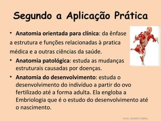 Segundo a Aplicação Prática
• Anatomia orientada para clínica: da ênfase
a estrutura e funções relacionadas à pratica
médica e a outras ciências da saúde.
• Anatomia patológica: estuda as mudanças
   estruturais causadas por doenças.
• Anatomia do desenvolvimento: estuda o
   desenvolvimento do indivíduo a partir do ovo
   fertilizado até a forma adulta. Ela engloba a
   Embriologia que é o estudo do desenvolvimento até
   o nascimento.
                                          Profa. ISAMAR CABRAL
 