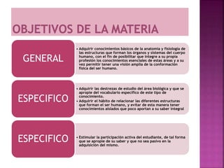 • Adquirir conocimientos básicos de la anatomía y fisiología de
las estructuras que forman los órganos y sistemas del cuerpo
humano, con el fin de posibilitar que integre a su propia
profesión los conocimientos esenciales de estas áreas y a su
vez permitir tener una visión amplia de la conformación
física del ser humano.
GENERAL
• Adquirir las destrezas de estudio del área biológica y que se
apropie del vocabulario específico de este tipo de
conocimiento.
• Adquirir el hábito de relacionar las diferentes estructuras
que forman el ser humano, y evitar de esta manera tener
conocimientos aislados que poco aportan a su saber integral
ESPECIFICO
• Estimular la participación activa del estudiante, de tal forma
que se apropie de su saber y que no sea pasivo en la
adquisición del mismo.
ESPECIFICO
 