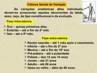 Fatores Gerais de Variação
Às variações anatômicas ditas individuais,
devem-se acrescentar aquelas decorrentes da idade,
sexo, raça, do tipo constitucional e da evolução.
Fase intra-uterina
 Ovo – quinze primeiros dias,
 Embrião – até o fim do 2º mês
 feto – até o 9º mês.
Fase extra-uterina
 Recém nascido – até 1 mês após o nascimento
 Infante – até o fim do 2º ano
 Menino – até o fim do 10º ano
 Pré-púbere – até a puberdade
 Púbere – dos 12 aos 14 anos
 Jovem – até 21 anos
 Adulto – até 60 anos
 idoso ou velho – além do 60 anos.
 