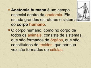 Anatomia humana é um campo
especial dentro da anatomia. Ele
estuda grandes estruturas e sistemas
do corpo humano.
O corpo humano, como no corpo de
todos os animais, consiste de sistemas,
que são formados de órgãos, que são
constituídos de tecidos, que por sua
vez são formados de células.
 