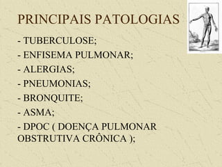 PRINCIPAIS PATOLOGIAS
- TUBERCULOSE;
- ENFISEMA PULMONAR;
- ALERGIAS;
- PNEUMONIAS;
- BRONQUITE;
- ASMA;
- DPOC ( DOENÇA PULMONAR
OBSTRUTIVA CRÔNICA );
 