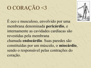 O CORAÇÃO <3
É oco e musculoso, envolvido por uma
membrana denominada pericárdio, e
internamente as cavidades cardíacas são
revestidas pela membrana
chamada endocárdio. Suas paredes são
constituídas por um músculo, o miocárdio,
sendo o responsável pelas contrações do
coração.
 