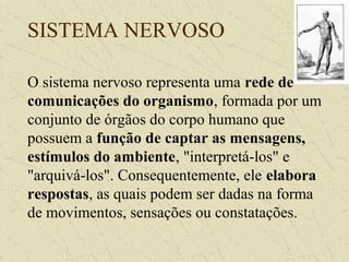 SISTEMA NERVOSO
O sistema nervoso representa uma rede de
comunicações do organismo, formada por um
conjunto de órgãos do corpo humano que
possuem a função de captar as mensagens,
estímulos do ambiente, "interpretá-los" e
"arquivá-los". Consequentemente, ele elabora
respostas, as quais podem ser dadas na forma
de movimentos, sensações ou constatações.
 
