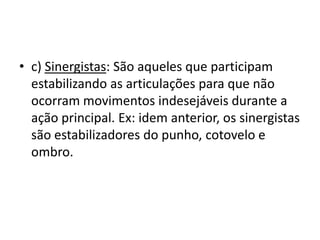 • c) Sinergistas: São aqueles que participam
  estabilizando as articulações para que não
  ocorram movimentos indesejáveis durante a
  ação principal. Ex: idem anterior, os sinergistas
  são estabilizadores do punho, cotovelo e
  ombro.
 