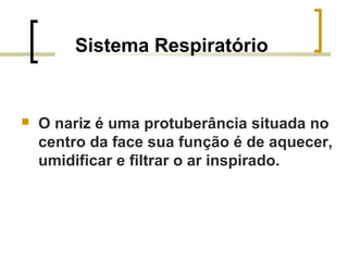 Sistema Respiratório
 O nariz é uma protuberância situada no
centro da face sua função é de aquecer,
umidificar e filtrar o ar inspirado.
 