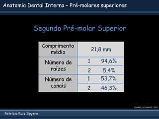 Patrícia Ruiz Spyere
Anatomia Dental Interna – Pré-molares superiores
SOARES; GOLDBERG, 2002
Comprimento
médio
Número de
raízes
Número de
canais
21,8 mm
1 53,7%
2 46,3%
1 94,6%
2 5,4%
Segundo Pré-molar Superior
 