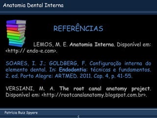 c
Patrícia Ruiz Spyere
Anatomia Dental Interna
REFERÊNCIAS
LEMOS, M. E. Anatomia Interna. Disponível em:
<http:// endo-e.com>.
SOARES, I. J.; GOLDBERG, F. Configuração interna do
elemento dental. In: Endodontia: técnicas e fundamentos.
2. ed. Porto Alegre: ARTMED. 2011. Cap. 4, p. 41-55.
VERSIANI, M. A. The root canal anatomy project.
Disponível em: <http://rootcanalanatomy.blogspot.com.br>.
 