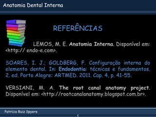 c
Patrícia Ruiz Spyere
Anatomia Dental Interna
REFERÊNCIAS
LEMOS, M. E. Anatomia Interna. Disponível em:
<http:// endo-e.c...