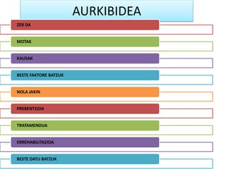 AURKIBIDEA
ZER DA
MOTAK
KAUSAK
BESTE FAKTORE BATZUK
NOLA JAKIN
PREBENTZIOA
TRATAMENDUA
ERREHABILITAZIOA
BESTE DATU BATZUK
 
