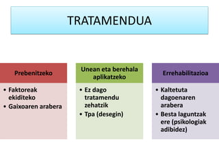 TRATAMENDUA
Prebenitzeko
• Faktoreak
ekiditeko
• Gaixoaren arabera
Unean eta berehala
aplikatzeko
• Ez dago
tratamendu
zehatzik
• Tpa (desegin)
Errehabilitazioa
• Kaltetuta
dagoenaren
arabera
• Besta laguntzak
ere (psikologiak
adibidez)
 