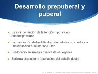 Desarrollo prepuberal y
puberal
S Descompensación de la función hipotálamo-
adenohipofisiaria
S La maduración de los folículos primordiales no conduce a
una ovulación ni a una fase lútea
S Predominio de síntesis ovárica de estrógenos
S Estimula crecimiento longitudinal del epitelio ductal
Jay R. Harris at el. Diseases of the breast, 4ª edition, Lippincott Williams & Wilkins
 