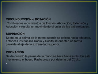 CIRCUNDUCCIÓN o ROTACIÓN
Combina los movimientos de Flexión, Abducción, Extensión y
Aducción y resulta un movimiento circular de las extremidades.
SUPINACIÓN
Se da en la palma de la mano cuando se coloca hacia adelante,
entonces los huesos Radio y Cúbito se orientan en forma
paralela al eje de la extremidad superior.
PRONACIÓN
Se da cuando la palma de la mano se lleva hacia atrás. En este
movimiento el hueso Radio cruza por delante del Cúbito.
•
 