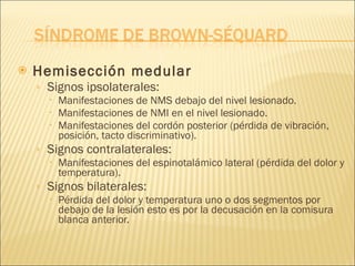 Hemisección medular Signos ipsolaterales: Manifestaciones de NMS debajo del nivel lesionado. Manifestaciones de NMI en el nivel lesionado. Manifestaciones del cordón posterior (pérdida de vibración, posición, tacto discriminativo). Signos contralaterales: Manifestaciones del espinotalámico lateral (pérdida del dolor y temperatura). Signos bilaterales: Pérdida del dolor y temperatura uno o dos segmentos por debajo de la lesión esto es por la decusación en la comisura blanca anterior. 