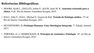 Referências Bibliográficas
• MOORE, Keith L.; DALLEY, Arthur F.; AGUR, Anne M. R. Anatomia orientada para a
clínica. 8 ed. Rio de Janeiro: Guanabara Koogan, 2019.
• HALL, John E.; HALL, Michael E. Guyton & Hall. Tratado de fisiologia médica. 13ª ed.
Rio de Janeiro: Guanabara Koogan, 2021.
• SILVERTHORN, D. Fisiologia Humana: Uma Abordagem Integrada, 7ª. Edição, Artmed,
2017.
• TORTORA, G. J.; DERRICKSON, B. Princípios de Anatomia e Fisiologia. 14ª. ed. RIo de
Janeiro: Guanabara Koogan, 2016.
 