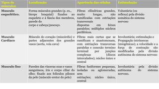 Tipos de
músculos
Localização Aparência das células Estimulação
Musculo
esquelético.
Forma músculos grandes (p. ex.,
bíceps braquial) fixados ao
esqueleto e à fáscia dos membros,
parede do
corpo e cabeça/pescoço.
Fibras cilíndricas grandes,
muito longas, não
ramificadas com estriações
transversais
dispostas em feixes
paralelos; múltiplos núcleos
periféricos.
Voluntária (ou
reflexa) pela divisão
somática do sistema
nervoso
Musculo
Cardíaco
Músculo do coração (miocárdio) e
partes adjacentes dos grandes
vasos (aorta, veia cava)
Fibras mais curtas que se
ramificam e anastomosam,
com estriações transversas
paralelas e conexão termino
terminal por junções
complexas (discos
intercalados); núcleo único e
central
Involuntária; estimulação e
Propagação intrínsecas
(miogênicas); a velocidade e a
força de contração são
modificadas pela divisão
autônoma do sistema nervoso
Musculo liso Paredes das vísceras ocas e vasos
sanguíneos, íris e corpo ciliar do
olho; fixado aos folículos pilosos
da pele (músculo eretor do pelo)
Fibras fusiformes pequenas,
isoladas ou aglomeradas,
sem
estriações; núcleo único,
central
Involuntária pela divisão
autônoma do sistema
nervoso.
 