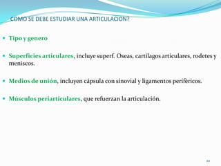 COMO SE DEBE ESTUDIAR UNA ARTICULACION?
 Tipo y genero
 Superficies articulares, incluye superf. Oseas, cartílagos articulares, rodetes y

meniscos.
 Medios de unión, incluyen cápsula con sinovial y ligamentos periféricos.
 Músculos periarticulares, que refuerzan la articulación.

20

 