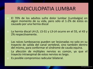  El 70% de los adultos sufre dolor lumbar (Lumbalgia) en
algún momento de su vida, pero sólo el 1-2% de éstos es
causado por una hernia discal
 La hernia discal L4-L5, L5-S1 y L3-L4 ocurre en el 55, el 43 y
2% respectivamente.
 Las raíces lumbosacras pueden ser lesionadas no solo en su
trayecto de salida del canal vertebral, sino también dentro
del mismo, para conformar el síndrome de cauda equina.
 La afección de múltiples nervios es común, ya que el
trayecto intraespinal de estos nervios es largo.
 Es posible compromiso radicular bilateral.
RADICULOPATIA LUMBAR
 