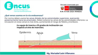 (La aguja de inserta a 25 grados de inclinación con
respecto al sitio de inserción)
¿Qué venas usamos en la vía endovenosa?
Por norma deben usarse las venas distales de las extremidades superiores, avanzando
posteriormente hacia las proximales. Deben evitarse las venas de las extremidades inferiores. La
circulación en estas venas es más lenta, aumentando el riesgo de flebitis y trombosis.
 
