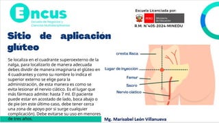 Se localiza en el cuadrante superoexterno de la
nalga, para localizarlo de manera adecuada
debes dividir de manera imaginaria el glúteo en
4 cuadrantes y como su nombre lo indica el
superior externo se elige para la
administración, de esta manera es como se
evita lesionar el nervio ciático. Es el lugar que
más fármaco admite: hasta 7 ml. El paciente
puede estar en acostado de lado, boca abajo o
de pie (en este último caso, debe tener cerca
una zona de apoyo por si surge cualquier
complicación). Debe evitarse su uso en menores
de tres años.
 