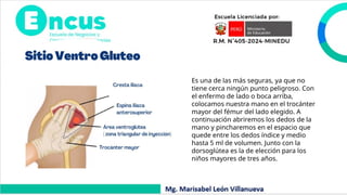 Es una de las más seguras, ya que no
tiene cerca ningún punto peligroso. Con
el enfermo de lado o boca arriba,
colocamos nuestra mano en el trocánter
mayor del fémur del lado elegido. A
continuación abriremos los dedos de la
mano y pincharemos en el espacio que
quede entre los dedos índice y medio
hasta 5 ml de volumen. Junto con la
dorsoglútea es la de elección para los
niños mayores de tres años.
 