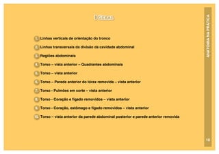 ANATOMIA
NA
PRÁTICA
1. Linhas verticais de orientação do tronco
2. Linhas transversais da divisão da cavidade abdominal
3. Regiões abdominais
4. Torso – vista anterior – Quadrantes abdominais
5. Torso – vista anterior
6. Torso – Parede anterior do tórax removida – vista anterior
7. Torso - Pulmões em corte – vista anterior
8. Torso - Coração e fígado removidos – vista anterior
9. Torso - Coração, estômago e fígado removidos – vista anterior
10. Torso – vista anterior da parede abdominal posterior e parede anterior removida
I Geral
10
 