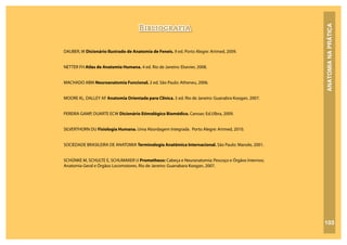 ANATOMIA
NA
PRÁTICA
103
Bibliografia
DAUBER, W Dicionário Ilustrado de Anatomia de Feneis. 9 ed. Porto Alegre: Artmed, 2009.
NETTER FH Atlas de Anatomia Humana. 4 ed. Rio de Janeiro: Elsevier, 2008.
MACHADO ABM Neuroanatomia Funcional. 2 ed. São Paulo: Atheneu, 2006.
MOORE KL, DALLEY AF Anatomia Orientada para Clínica. 5 ed. Rio de Janeiro: Guanabra Koogan, 2007.
PEREIRA GAMP, DUARTE ECW Dicionário Etimológico Biomédico. Canoas: Ed.Ulbra, 2009.
SILVERTHORN DU Fisiologia Humana. Uma Abordagem Integrada. Porto Alegre: Artmed, 2010.
SOCIEDADE BRASILEIRA DE ANATOMIA Terminologia Anatômica Internacional. São Paulo: Manole, 2001.
SCHÜNKE M, SCHULTE E, SCHUMAKER U Prometheus: Cabeça e Neuranatomia; Pescoço e Órgãos Internos;
Anatomia Geral e Órgãos Locomotores. Rio de Janeiro: Guanabara Koogan, 2007.
 