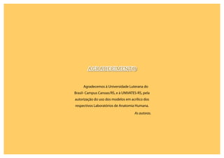 AGRADECIMENTO
Agradecemos à Universidade Luterana do
Brasil- Campus Canoas/RS, e à UNIVATES-RS, pela
autorização do uso dos modelos em acrílico dos
respectivos Laboratórios de Anatomia Humana.
As autoras.
 