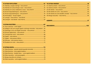 IV SISTEMA VENTILATÓRIO..........................................................................54
01. Pulmões, coração e laringe - vista anterior............................................................55
02. Pulmões em corte, laringe e vasos - vista anterior..............................................56
03. Pulmões em corte, mediastino e vasos - vista anterior.....................................57
04. Árvore traqueobrônquica - vista anterior...............................................................58
05. Árvore traqueobrônquica – vista posterior...........................................................59
06. Hemicabeça – Secção sagital......................................................................................60
07. Laringe I - vista anterior - vista lateral......................................................................61
08. Laringe II - vista lateral - vista interna......................................................................62
V SISTEMA DIGESTÓRIO...............................................................................63
01. Face e pescoço – corte sagital....................................................................................64
02. Esôfago in situ com coração, fígado e estômago removidos - vista anterior.....65
03. Estômago in situ com fígado removido – vista anterior...................................66
04. Vísceras abdominais – vista anterior........................................................................67
05. Transição íleo-cecal – vista anterior..........................................................................68
06. Fígado – vista anterior...................................................................................................69
07. Fígado – vista postero inferior....................................................................................70
08. Pâncreas – vista anterior interna................................................................................71
09. Duodeno em corte – vista anterior...........................................................................72
VI SISTEMA GENITAL...................................................................................73
01. Pelve feminina – parede Lateral esquerda removida.........................................74
02. Pelve feminina - corte sagital mediano...................................................................75
03. Pelve feminina – detalhe útero – corte sagital mediano.................................76
04. Pelve masculina – corte parassagital.......................................................................77
05. Bexiga masculina em sintopia....................................................................................78
06. Pelve masculina – corte sagital mediano...............................................................79
VII SISTEMA URINÁRIO................................................................................ 80
01. Sistema urinário - vista anterior.................................................................................81
02. Sistema urinário - vista posterior...............................................................................82
03. Rim direito - vista anterior............................................................................................83
04. Rim direito em corte - vista anterior.........................................................................84
05. Rim direito em corte detalhe camadas - vista anterior......................................85
06. Bexiga masculina – vista interna................................................................................86
Gabarito................................................................................................... 87
Bibliografia..........................................................................................103
 