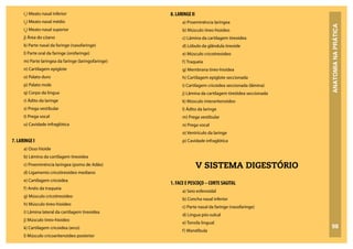 ANATOMIA
NA
PRÁTICA
98
i1
) Meato nasal inferior
i2
) Meato nasal médio
i3
) Meato nasal superior
j) Área do cóano
k) Parte nasal da faringe (nasofaringe)
l) Parte oral da faringe (orofaringe)
m) Parte laríngea da faringe (laringofaringe)
n) Cartilagem epiglote
o) Palato duro
p) Palato mole
q) Corpo da língua
r) Ádito da laringe
s) Prega vestibular
t) Prega vocal
u) Cavidade infraglótica
7. LARINGE I
a) Osso hioide
b) Lâmina da cartilagem tireoidea
c) Proeminência laríngea (pomo de Adão)
d) Ligamento cricotireoideo mediano
e) Cartilagem cricoidea
f) Anéis da traqueia
g) Músculo cricotireoideo
h) Músculo tireo-hioideo
i) Lâmina lateral da cartilagem tireoidea
j) Músculo tireo-hioideo
k) Cartilagem cricoidea (arco)
l) Músculo cricoaritenoideo posterior
8. LARINGE II
a) Proeminência laríngea
b) Músculo tireo-hioideo
c) Lâmina da cartilagem tireoidea
d) Lóbulo da glândula tireoide
e) Músculo cricotireoideo
f) Traqueia
g) Membrana tireo-hioidea
h) Cartilagem epiglote seccionada
i) Cartilagem cricoidea seccionada (lâmina)
j) Lâmina da cartilagem tireóidea seccionada
k) Músculo interaritenoideo
l) Ádito da laringe
m) Prega vestibular
n) Prega vocal
o) Ventrículo da laringe
p) Cavidade infraglótica
V SISTEMA DIGESTÓRIO
1. FACE E PESCOÇO – CORTE SAGITAL
a) Seio esfenoidal
b) Concha nasal inferior
c) Parte nasal da faringe (nasofaringe)
d) Língua pós-sulcal
e) Tonsila lingual
f) Mandíbula
 