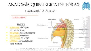 FASCIA
ANATOMÍA QUIRÚRGICA DE tórax
CAVIDADES TORÁCICAS
°MEDIASTINO
LIMITES:
❖ SUPERIOR: diafragma
cérvico-torácico
❖ INFERIOR: músc. Diafragma
❖ ANTERIOR: esternón
❖ POSTERIOR: T2 a T10
❖ LATERAL: cavidad pleural
(cara medial)
 