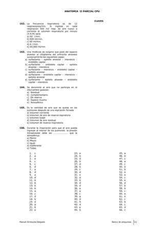 ANATOMIA II PARCIAL CPU
162. La frecuencia respiratoria es de 12
respiraciones/min. Si ingresa en cada
respiración 500 ml/ resp. de aire nuevo o
corriente el volumen respiratorio por minuto
(V.R.M) será:
a) 60 /min.
b) 600 ml/min.
c) 60 ml/min.
d) 6 /min.
e) 60,000 ml/min
163. Una molécula de oxígeno que pasó del espacio
alveolar al citoplasma del eritrocito atravesó
sucesivamente las siguientes capas:
a) surfactante - epitelio alveolar - intersticio -
endotelio capilar
b) surfactante - endotelio capilar - epitelio
alveolar - intersticio
c) surfactante - intersticio - endotelio capilar -
epitelio alveolar
d) surfactante - endotelio capilar - intersticio -
epitelio alveolar
e) surfactante - epitelio alveolar - endotelio
capilar - intersticio
164. Se denomina al aire que no participa en el
intercambio gaseoso:
a) Residual
b) Complementario
c) De reserva
d) Espacio muerto
e) Atmosférico
165. Es la cantidad de aire que se queda en los
pulmones después de una espiración forzada
a) Volumen corriente
b) Volumen de aire de reserva espiratoria
c) Volumen tydall
d) Volumen de aire residual
e) Volumen de reserva inspiratoria
166. Durante la Inspiración para que el aire pueda
ingresar al interior de los pulmones la presión
Intraalveolar debe ser ……………………. que la
atmosférica:
a) Menor
b) Mayor
c) Igual
d) Indiferente
e) Todas
CLAVES
1. c
2. a
3. e
4. c
5. c
6. d
7. a
8. d
9. a
10. d
11. b
12. b
13. b
14. b
15. a
16. c
17. d
18. b
19. d
20. a
21. b
22. a
23. e
24. b
25. d
26. b
27. d
28. b
29. c
30. d
31. e
32. d
33. b
34. d
35. d
36. e
37. a
38. c
39. a
40. d
41. b
42. d
43. e
44. b
45. a
46. b
47. c
48. a
49. c
50. b
51. b
52. e
53. e
54. c
55. e
56. d
57. b
58. b
59. c
60. e
61. e
62. c
63. b
64. c
65. d
66. c
Manuel Arrelucea Delgado Banco de preguntas 11
 